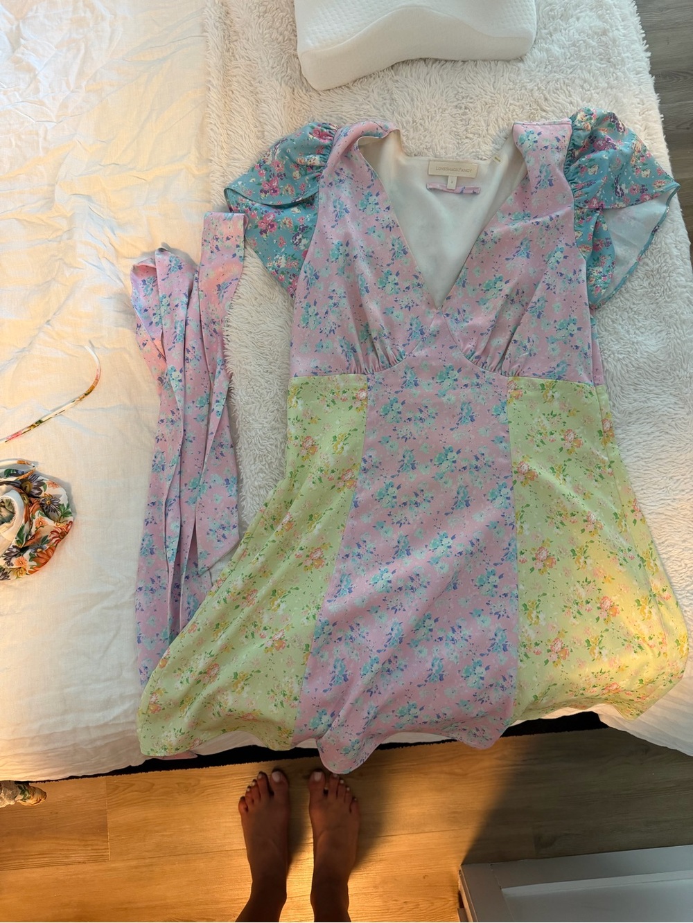 LoveShackFancy Pastel Pink and Mint Floral Mini Dress